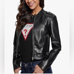 GUESS Women's Black Leather Jacket S - small - fitted / biker jacket